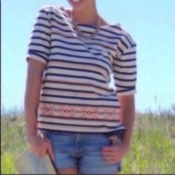 J. Crew Tops - J.Crew Striped Embroidered 3/4 Sleeve Top XXS Blue Cream Nautical Casual Blouse